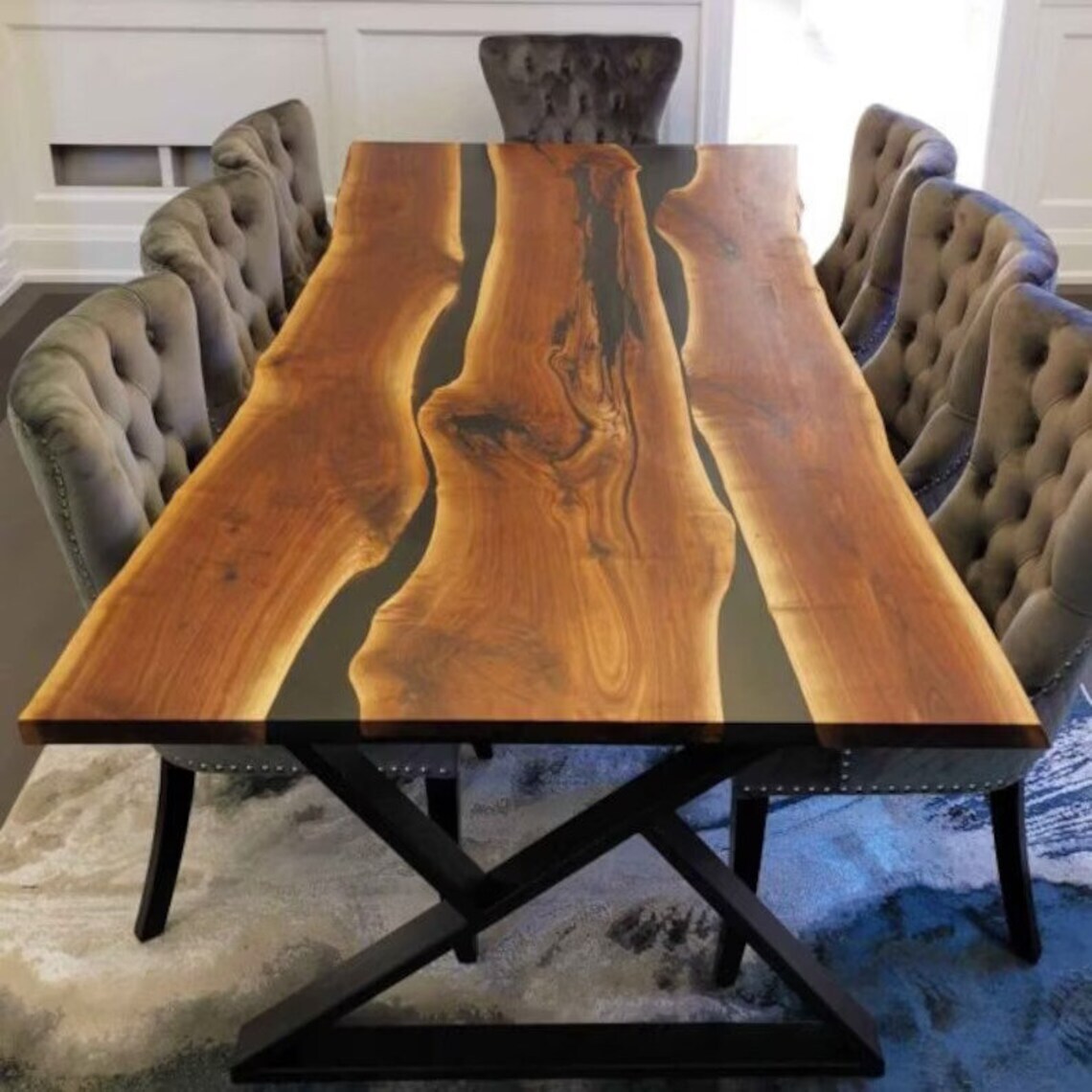 Black Epoxy Table Top With Wooden Handmade Farmhouse Furniture