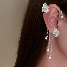 Butterfly Earring for Women Butterfly Pendant Tassel Ear Cuff Long Zircon