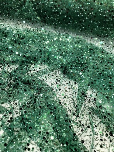 Fabric Sold By The Yard Emerald Beaded Lace Sequins Embroidery Mesh Prom Bridal - Picture 4 of 7