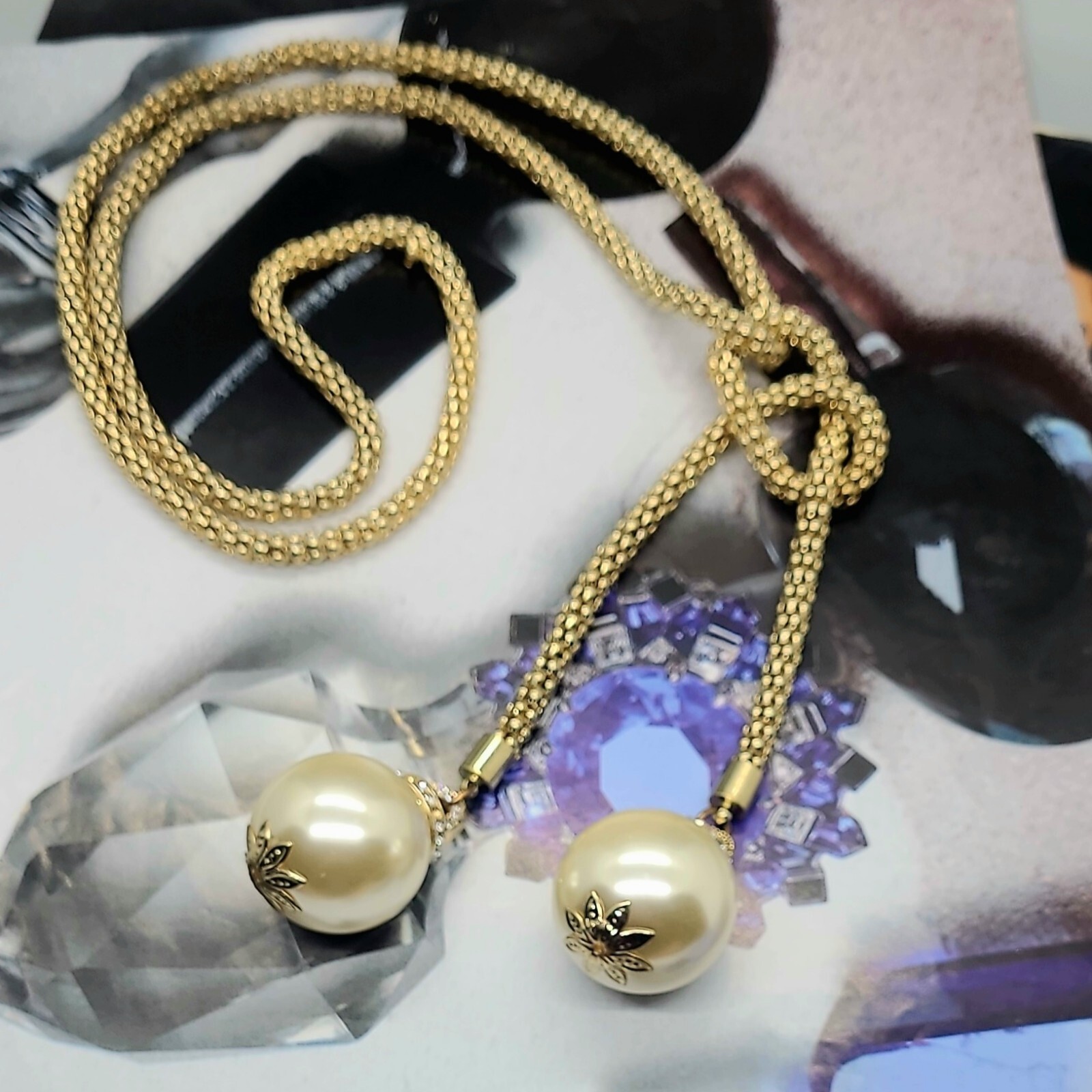 Vintage Estate Open Wrap Tie Gold Rope Chain W/ Large Crystal Embellished Pearls