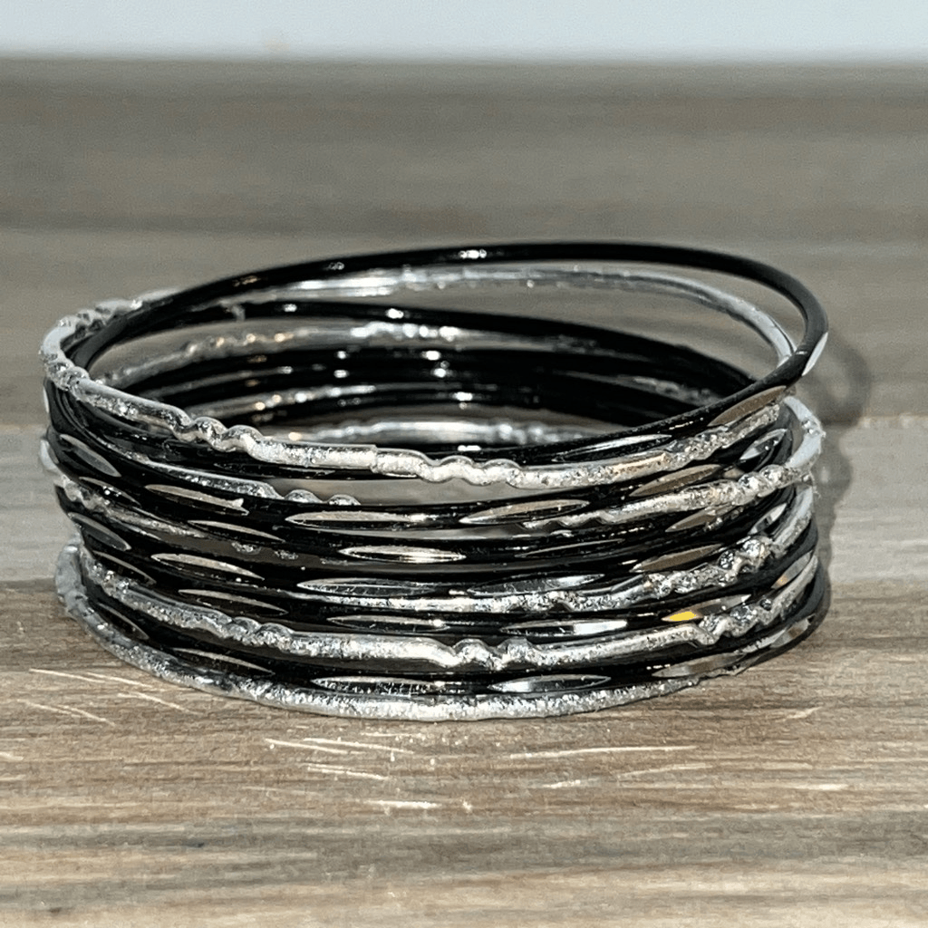 Bangle Stack Set 12 Etched Bracelet Silver Tone Black Alternating Width Sparkle-image