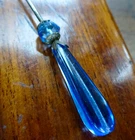 antique art deco sky blue Czech glass bead top 6" long hat pin -R168