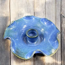Vintage Hand Made Pottery Single Candle Stick Holder Votive Heavy Blue Glaze VTG