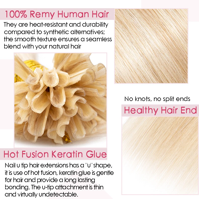 Thick Russian Remy Human Hair Extensions Keratin Bondings Nail U Tip Hair Blonde - Image 4 of 4