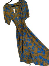 Ann Taylor Blue Floral Mustard Midi Button Down Dress Tie Waist RDD10670