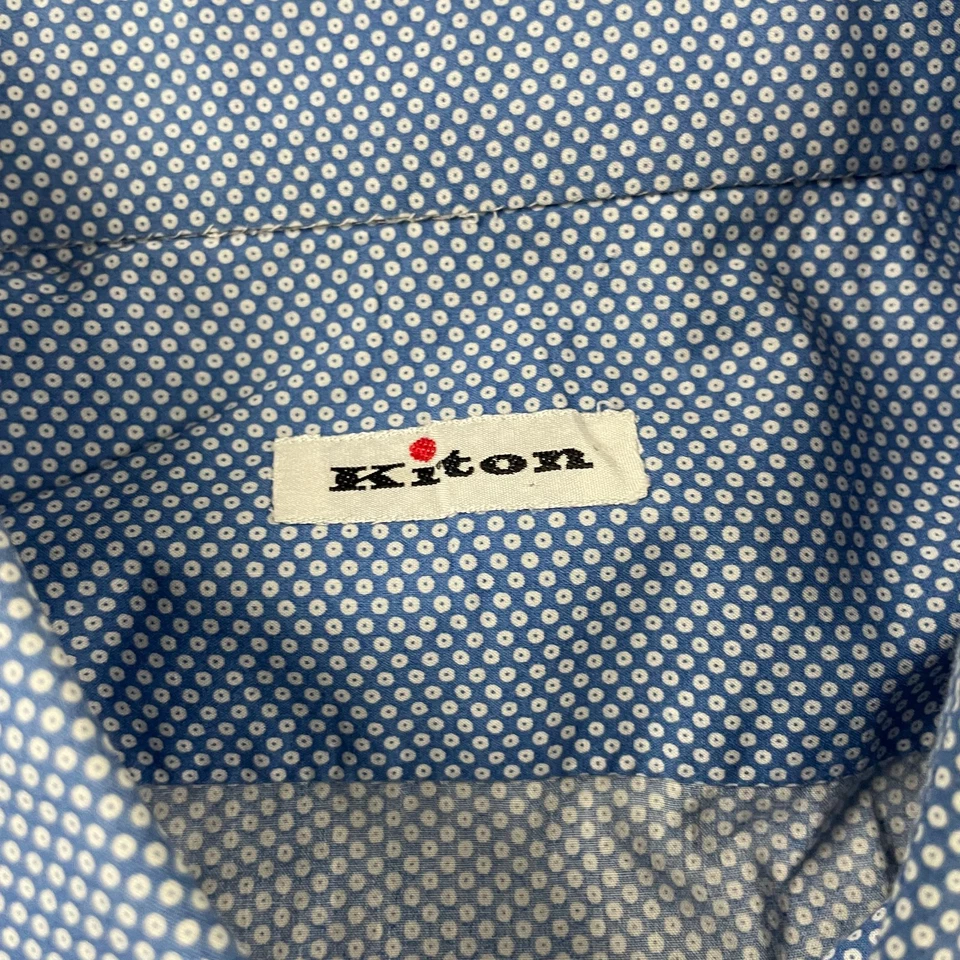 Kiton Shirt Men XXL Blue Polka Dot Button Up Cotton Career Casual Made In Italy - Image 3 of 4