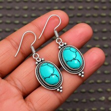 Natural Turquoise 925 Sterling Silver Bali Oval Drop Earrings Handmade Boho