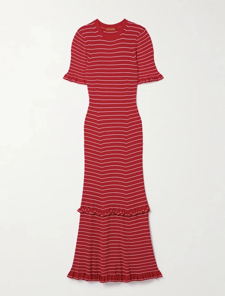 Altuzarra Womens Red Delpini ruffled striped ribbed Midi Dress Medium S  - Image 4 of 4