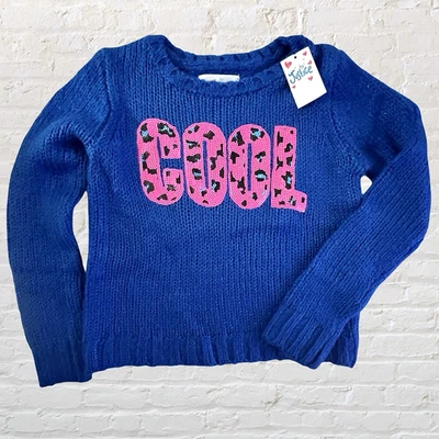 Justice Girls Blue Hot Pink Cheetah Sequin Sweater Size 6 COOL Spell Out NWT - Image 1 of 4