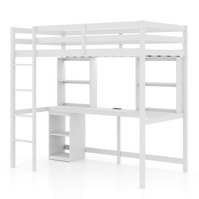 Twin Loft Bed w/ LED Light & Power Outlet Desk Storage Shelves & Cabinet