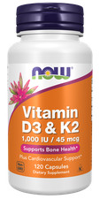 NOW Foods Vitamin D-3  K-2 1000 IU / 45 mcg 120 Caps Bone Health 04/27EXP