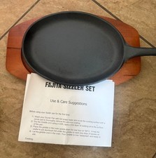 Cast Iron Sizzler Plate Set - Oval Fajita Pan with Handle & wooden Base