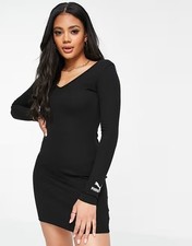 PUMA Women's Classics Ribbed Bodycon Dress Black V Neck Long Sleeve Size L/ BNWT