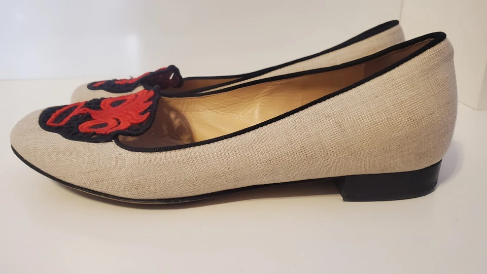 Charlotte Olympia Calavera Roja Lona Y Cuero Planos Talla 7 Foto 2 de 4