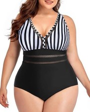 Daci Striped 16W One Piece Swimsuit Tummy Control V-Neck Design Hollow-Out Style