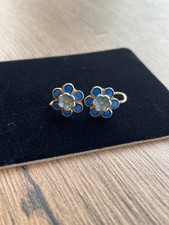 Sterling Silver Screw-Back Earrings with Blue Enamel Flower Design Vintage 