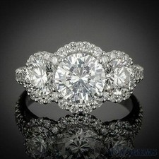 Moissanite Three Stone Engagement Ring Solid 14K White Gold 2.85 Carat Round Cut