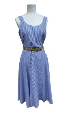 NWT Blue White Striped Midi Dress Womens Size 8 Belted Fit Flare Sundress