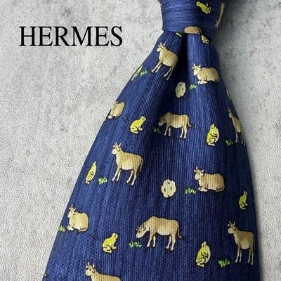 HERMES Cow Frog Animal Print Silk Necktie Navy 9.2cm Pre-owned