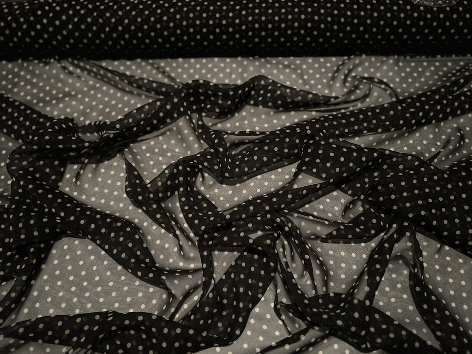 Black/Cream Polka Dots Chiffon 100% Silk Fabric 44" Wide, By the Yard (TS-7457) - Image 4 of 4