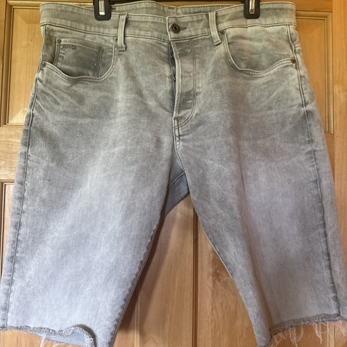 G Star Raw Shorts Mens Grey Faded denim 3301 Fray Hem button fly Bermuda Size 36