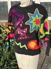 I B Diffusion Sweater Vintage 1990's Black with Colorful Graphics SequinsXS