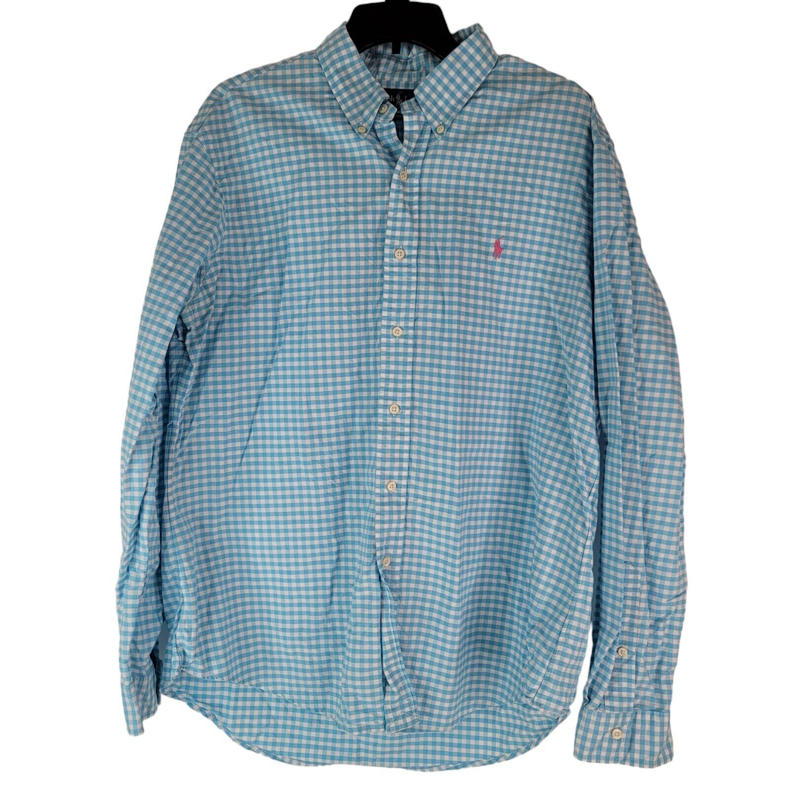 Camicia Ralph Lauren uomo XL vestibilità personalizzata blu pastello righe rosa pony Pasqua