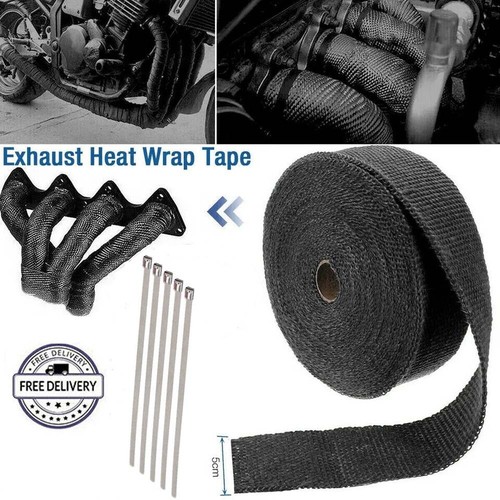 2" Black Exhaust Heat Wrap Roll for Motorcycle Fiberglass Heat Shield Tape w/Tie - Picture 3 of 15