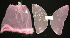 girls PINK FAIRY WINGS silver glitter sheer SKIRT FEATHERS 2 PC HALLOWEEN play 