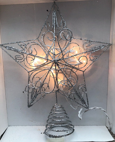 Ashland Christmas silver glitter star lighted tree topper 10 clear lights NEW