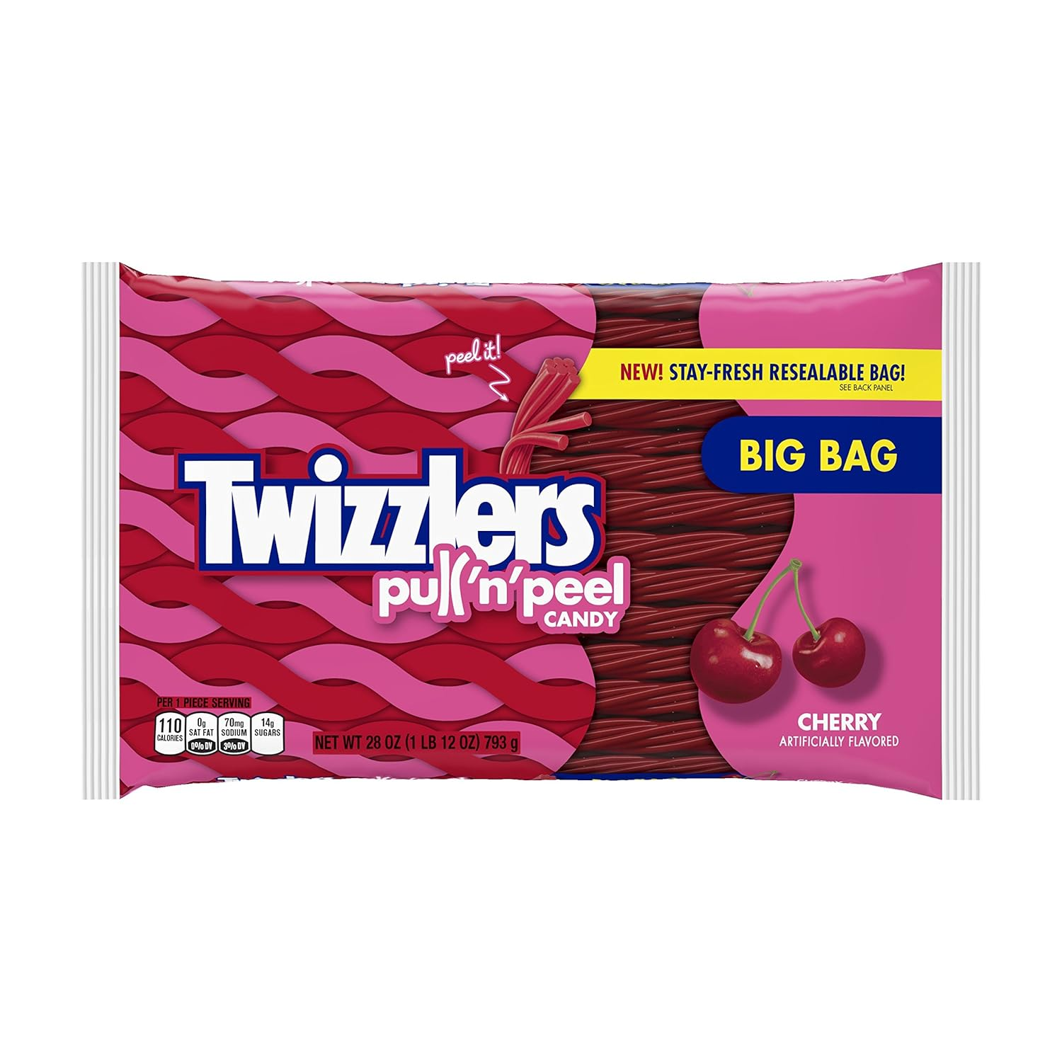 TWIZZLERS PULL 'N' PEEL Cherry Flavored Licorice Style, Low Fat Candy Big Bag, 2