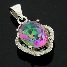 Sterling Silver C/Z Micro Pave Set Oval Mystic Topaz Pendant +Chain