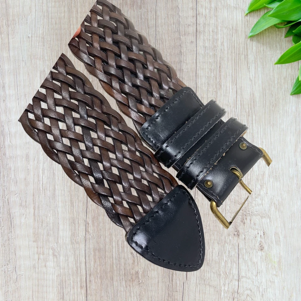 Cinturón Anne Klein II de Colección Años 80 Talla L Ancho Marrón y Negro Tejido Cuero Cincha Foto 3 de 4