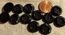 12 Shiny Concave Black Plastic Sew-through Buttons Ridged 15.3mm Almst 5/8" 8299