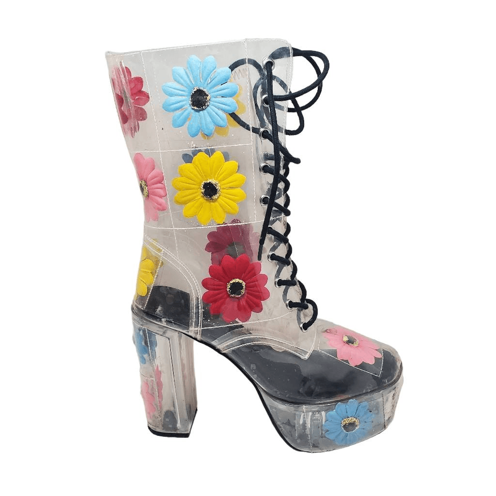 DOLLS Kill Y2K dELiA*s Get UR GROOVE ON FLOWER PVC PLATFORM LACE UP BOOTS 10