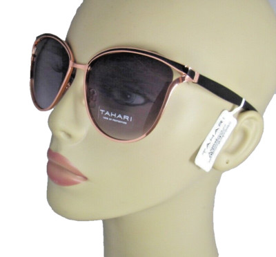 TAHARI Black Enamel-Accented Rose Gold Cat Eye Sunglasses Black Arms TH895-RGDOX