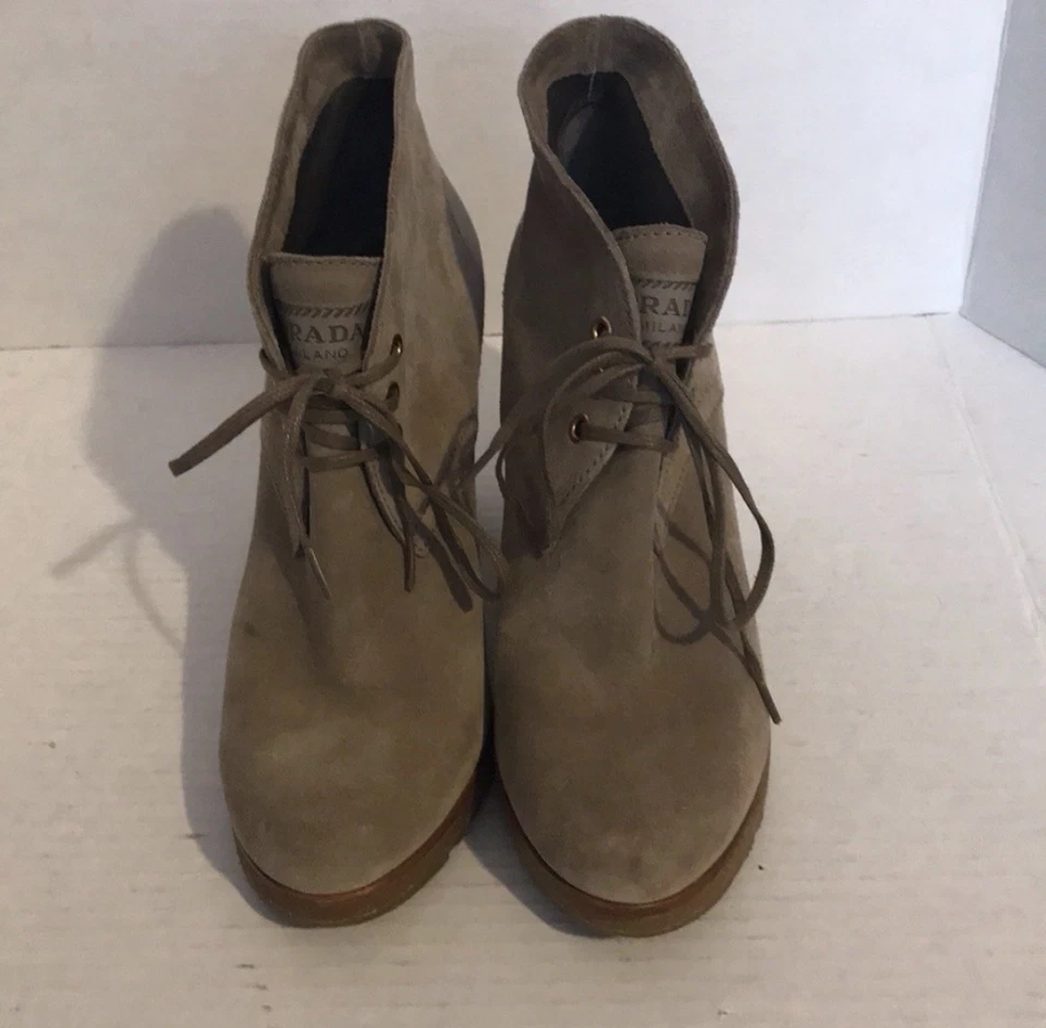 PRADA Linea Rossa Beige Suede Lace Up Ankle Boots, Size 37.5 - Image 2 of 4