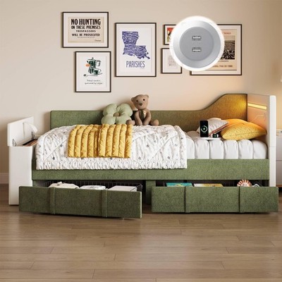Daybed with Storage Drawers Charging Station LED Twin Sofa Bed PU Leather Green