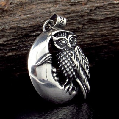 Solid 925 Sterling Silver Owl on Crescent Moon Pendant, Wiccan / Pagan Jewelry