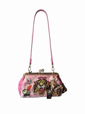 Ed Hardy Pink Embossed Tiger Tattoo Rhinestones Shoulder Bag