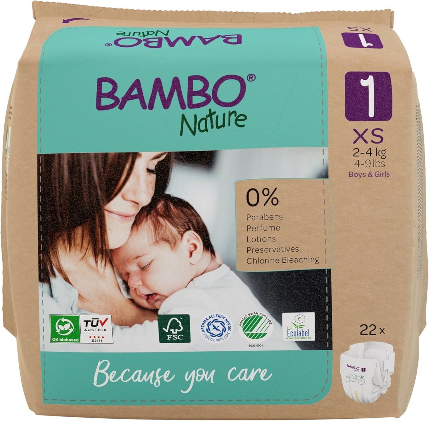Bambo Nature Nappies, Size 1 (4-9lb/2-4kg), Pack of 22