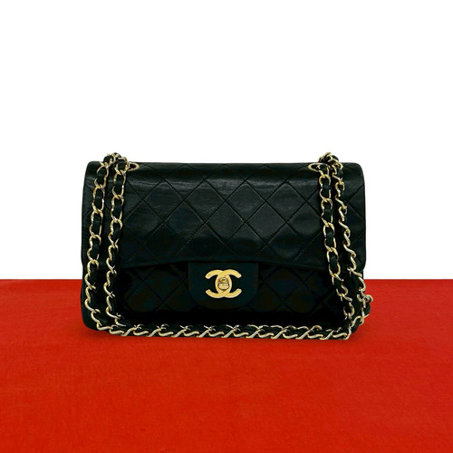 Chanel Double Flap Shoulder Bag Quilted Lambskin Black 1990 Unisex #TVB052