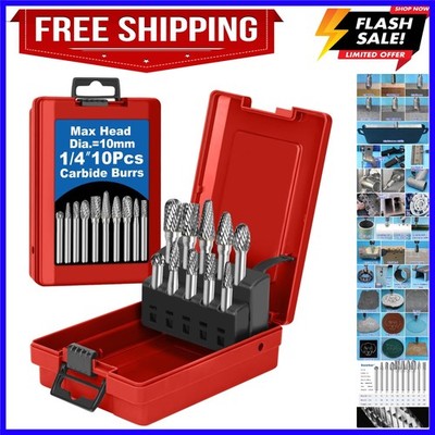 10Pcs Carbide Burr Set 1/4 Shank w/Red Box Max Head Dia 10mm Die Grinder Bits...