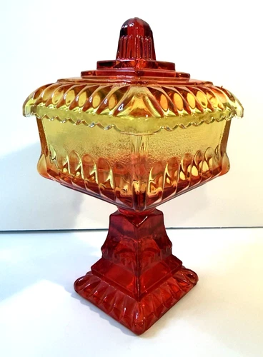 Vintage Jeanette Glass Amberina Pedestal Covered Candy Dish USA