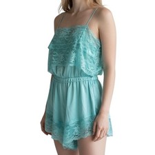 Vtg 80s Lingerie Romper Teddy Shorts Med Teal Blue Lace Romantic Coquette