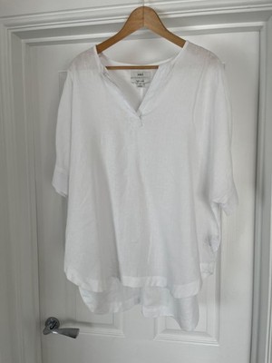 M&S Ladies White Linen Shirt Top UK 20 V Neck Short Sleeve Pit - Pit 25 