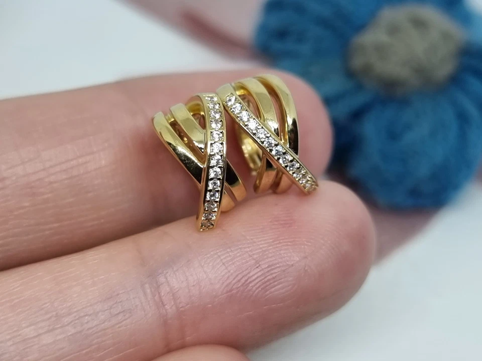 NEW Genuine Pandora 14k Gold Plated Crossover Pave Hoop Earrings BOXED 💕ALE MET - Image 3 of 4