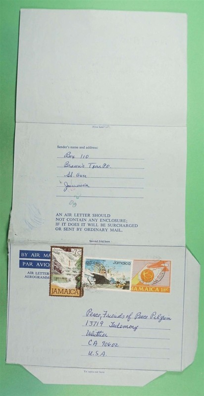 DR WHO 1983 JAMAICA UPRATED AEROGRAMME BROWNS TOWN TO USA R55244