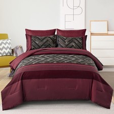 Comforter Set Size 7 Pieces Red and Black Stripe Bed in a Bag King Burgundy
