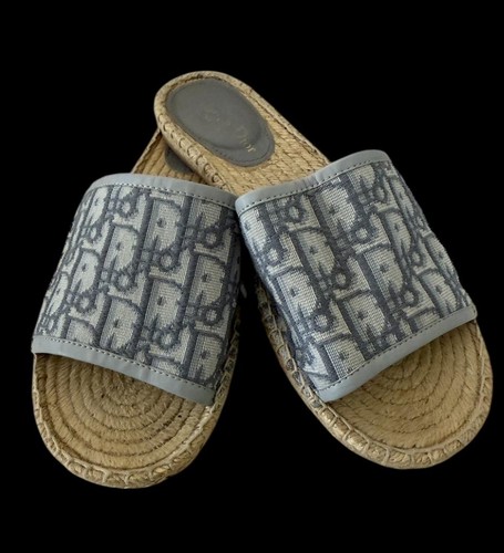 CHRISTIAN DIOR UNISEX GRAU CANVAS SLIDE SANDALEN SCHNUR EINLEGESOHLEN GR 42 USA 11